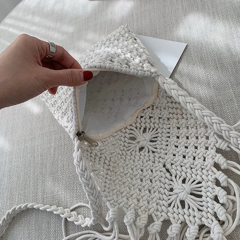 Fringed Woven Crochet Crossbody Bag - Festigal