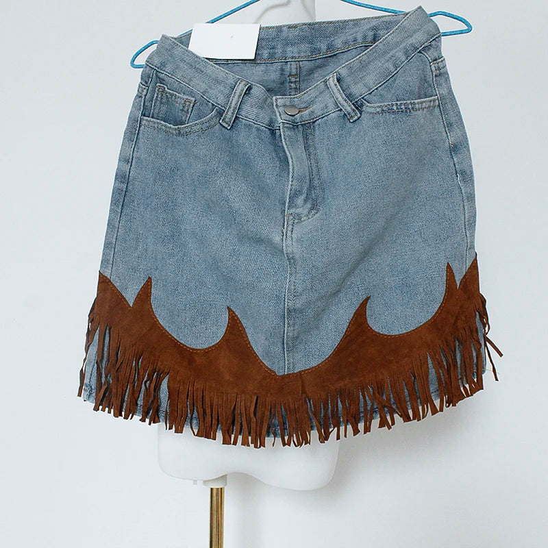 Western Denim Tassel Skirt - Festigal