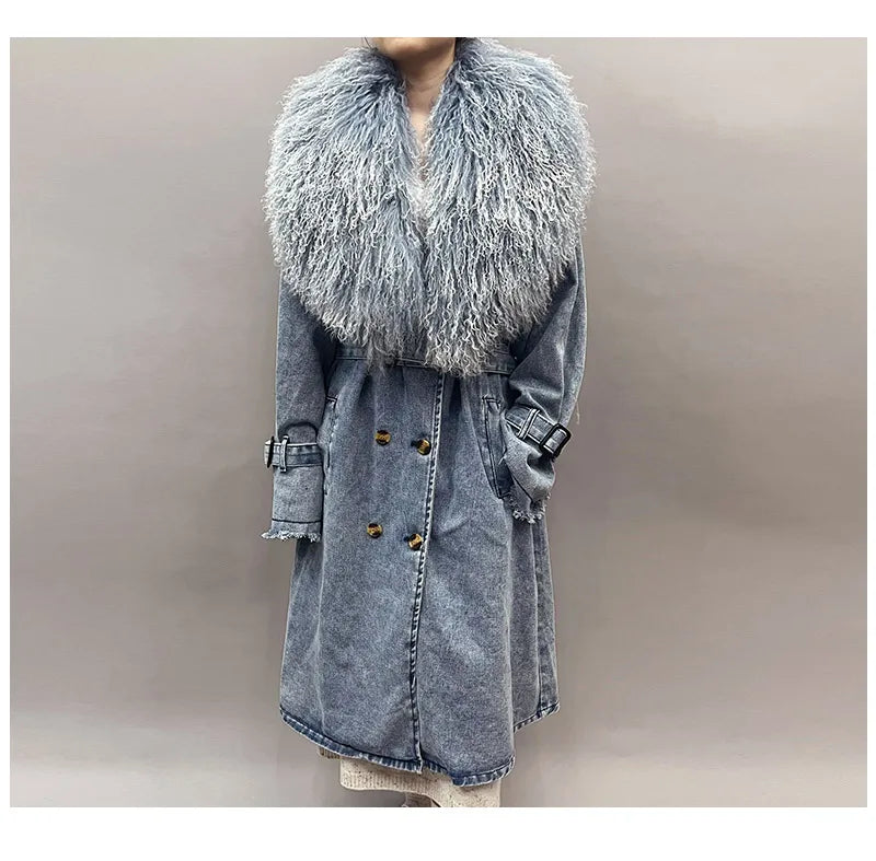 Mongolian Fur Collar Denim Trench Coat