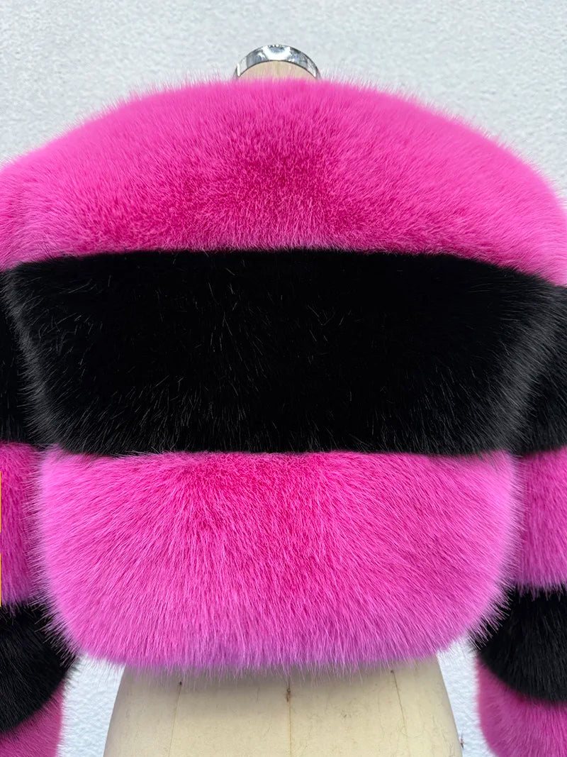 Cropped Striped Faux Fur Coat - Festigal