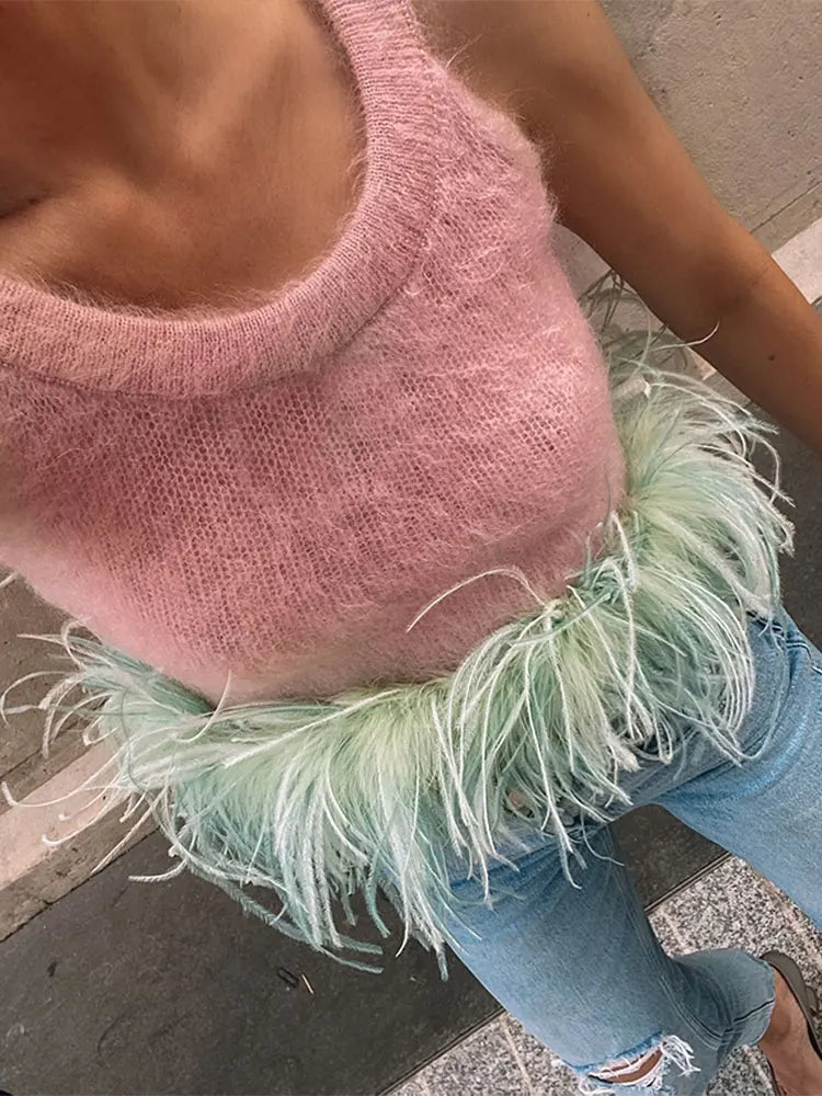 Pink & Green Feather Crop Top