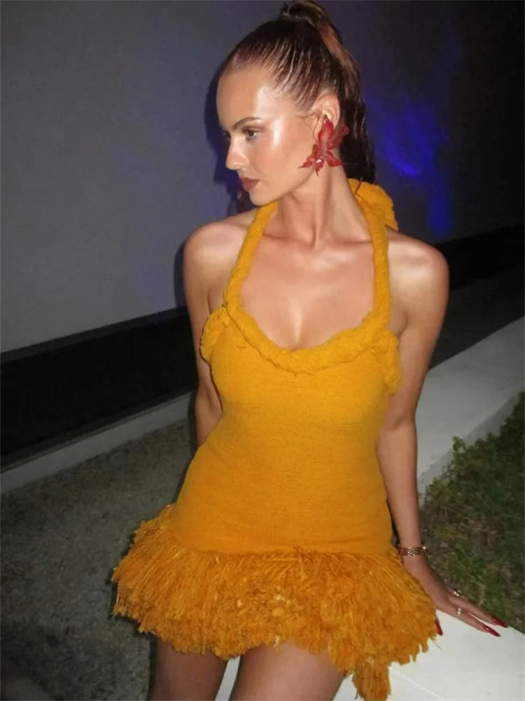 Orange Braided Fluffy Trim Dress - Festigal
