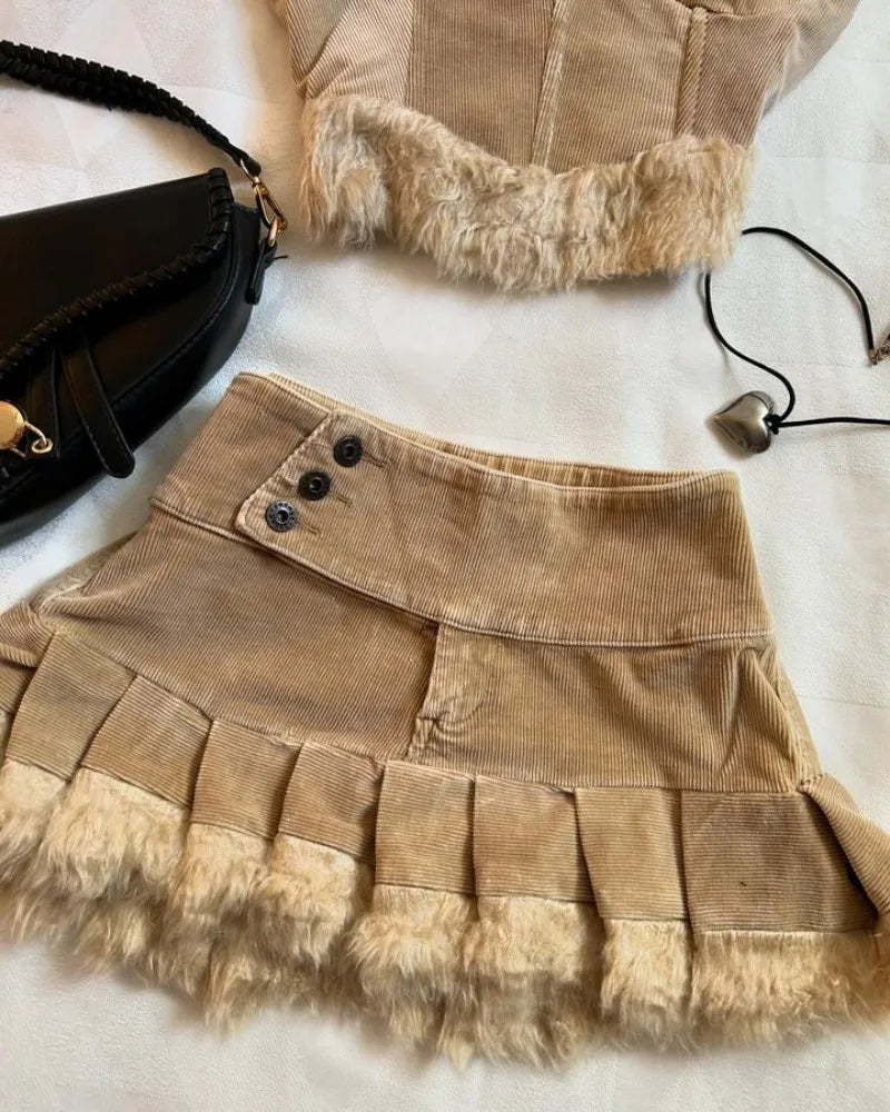 Tan Corduroy Fur Trim Top and Skirt Set - Festigal