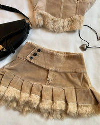 Tan Corduroy Fur Trim Top and Skirt Set