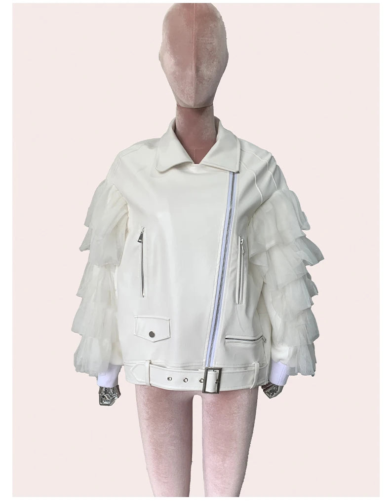 Faux Leather Ruffle Sleeve Jacket - Festigal