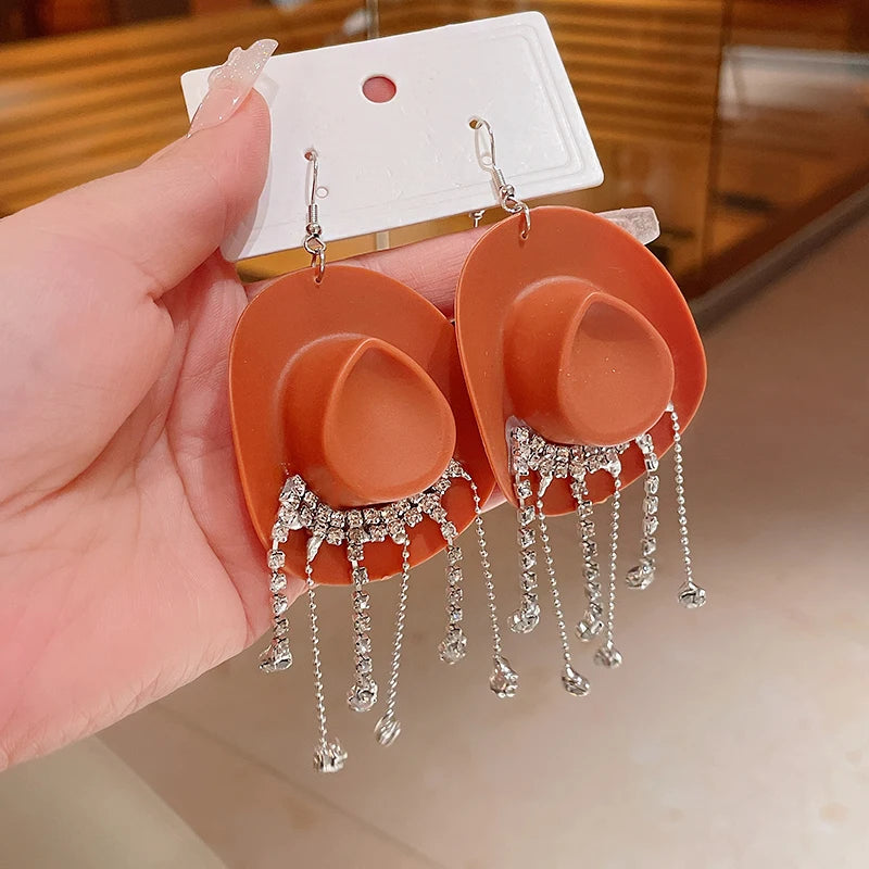 Rhinestone Cowgirl Hat Tassel Earrings