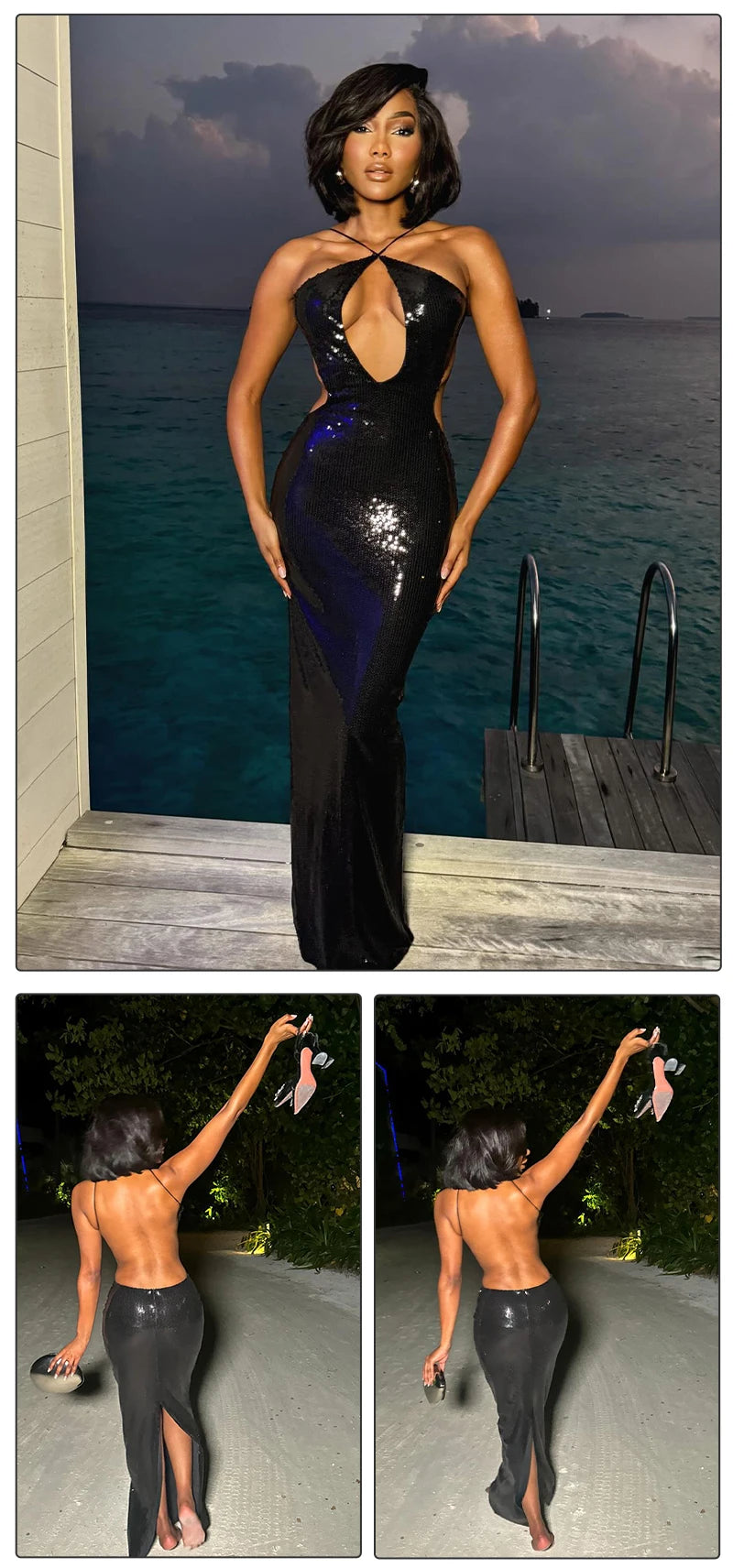 Black Sequin Halterneck Maxi Dress