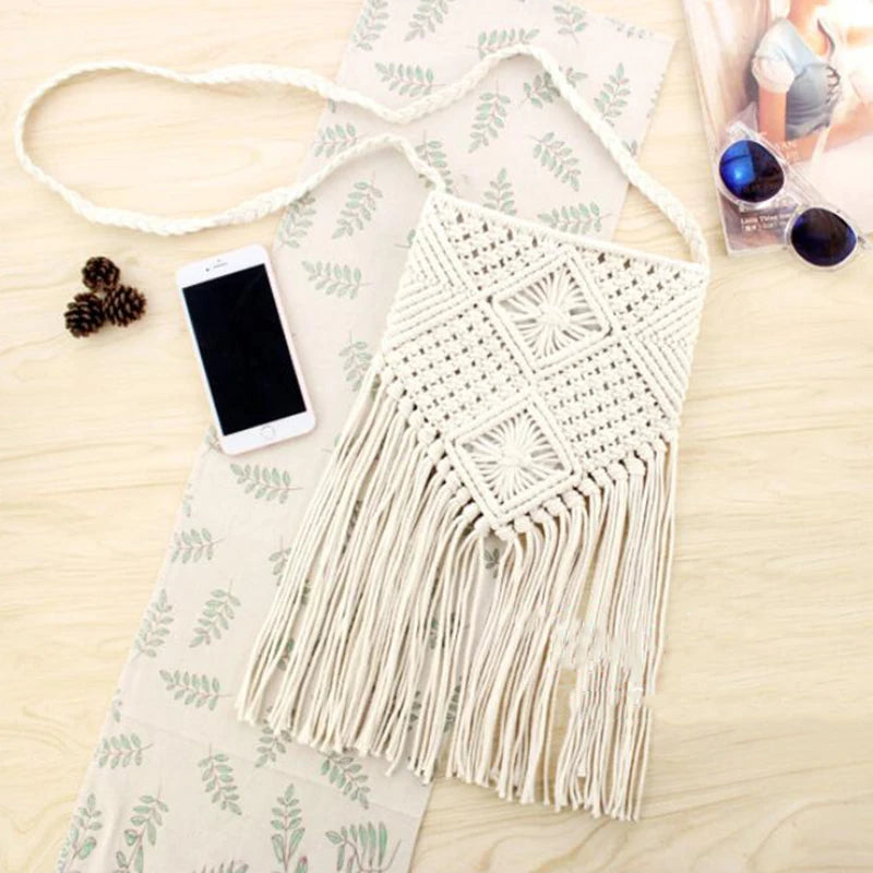 Fringed Woven Crochet Crossbody Bag