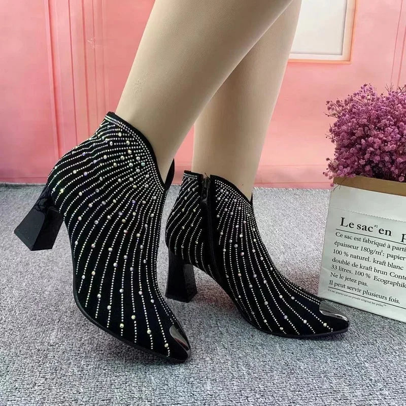 Black Rhinestone Ankle Boots Festigal