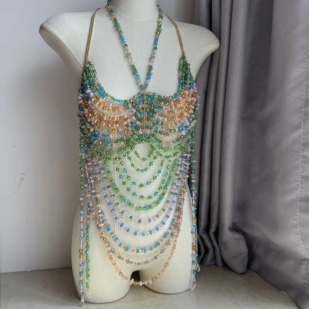 Beaded Tassel Chain Halter Neck Top
