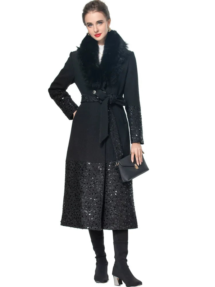 Long Sequin Fur Black Coat - Festigal