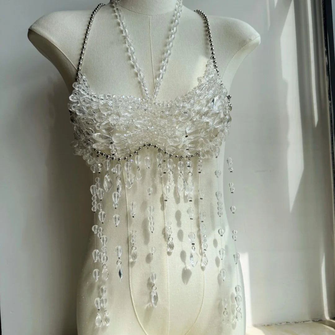 Beaded Tassel Chain Halter Neck Top