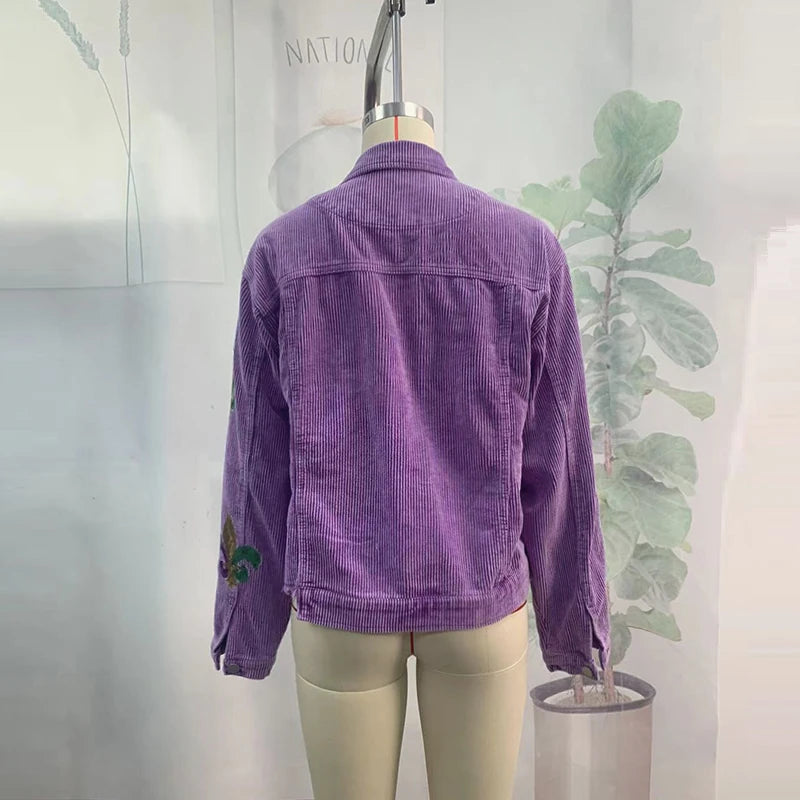 Floral Corduroy Casual Ripped Bomber Shirt -Jacket - Festigal