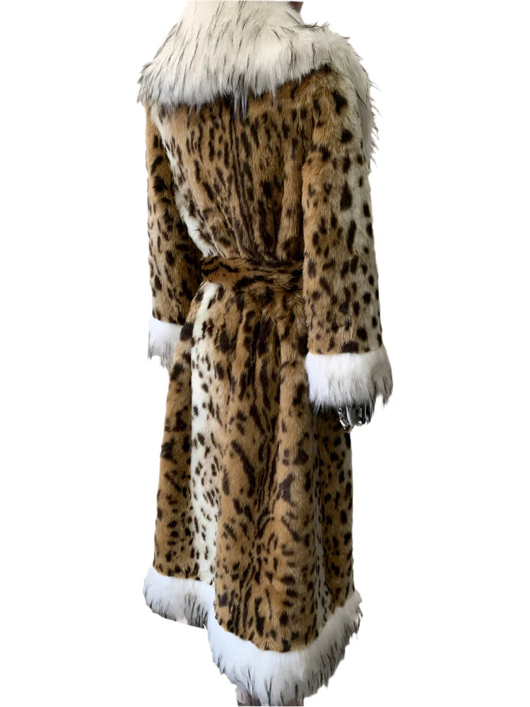 Long Faux Fur Leopard Print Coat - Festigal
