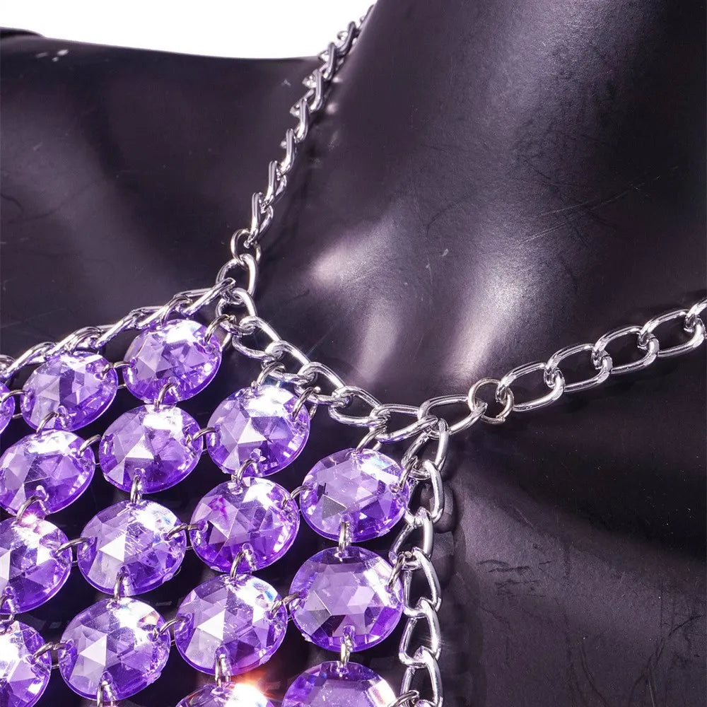 Sparkly Crystal  Purple Halter Backless Crop Top - Festigal