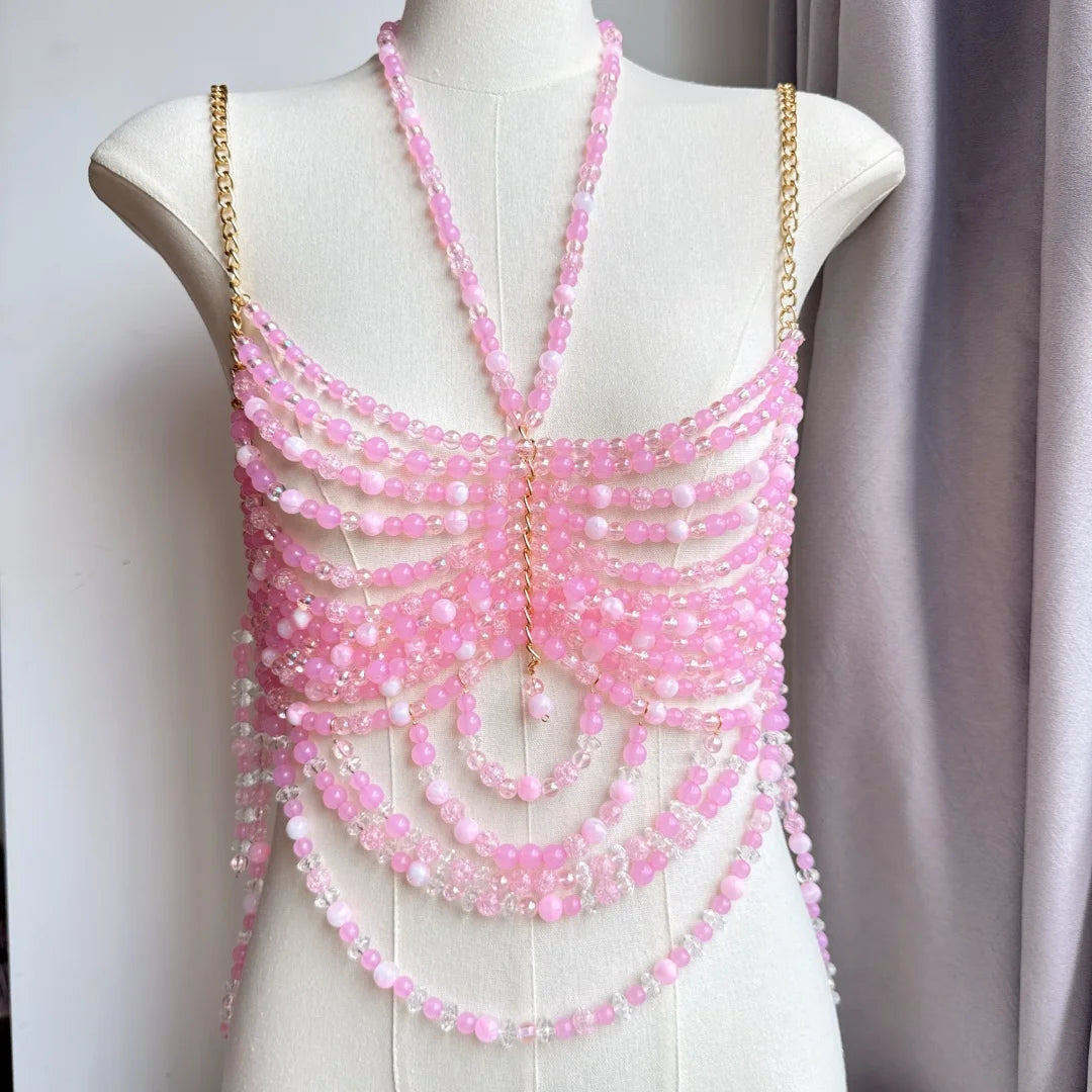 Beaded Tassel Chain Halter Neck Top
