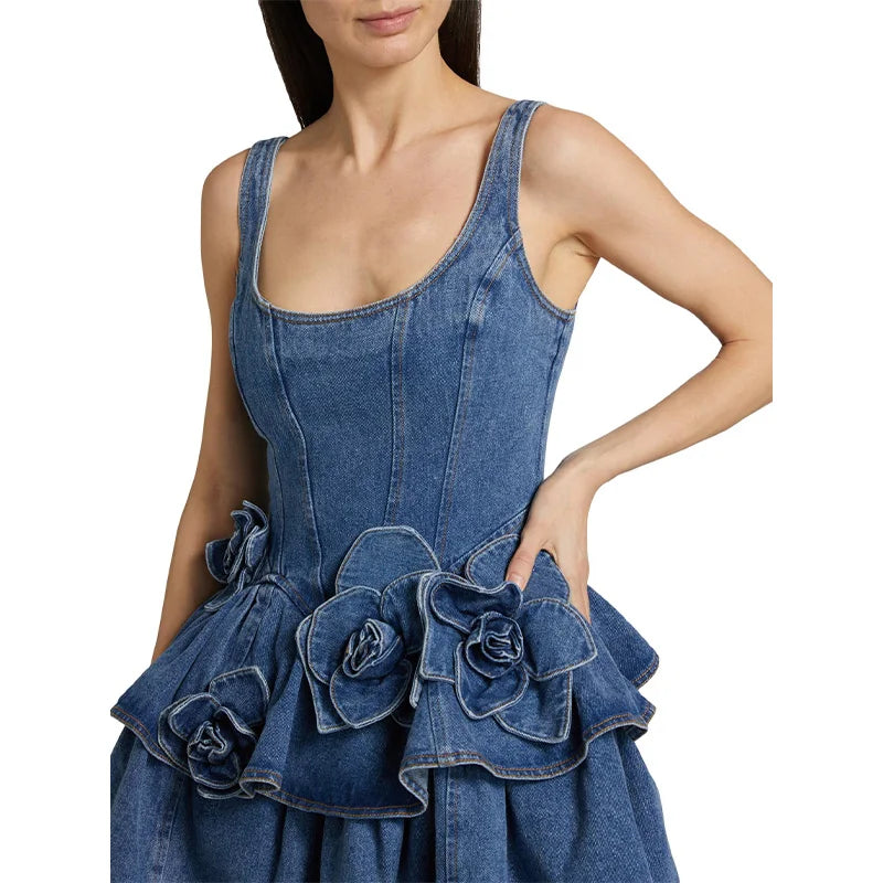 Denim 3D Flower A Line Dress - Festigal