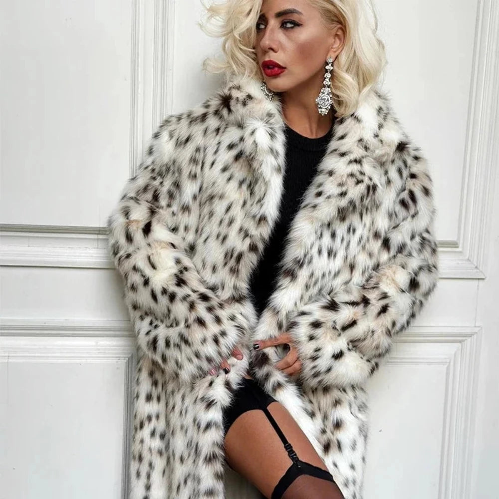 Snow Leopard Style Faux Fur Coat - Festigal