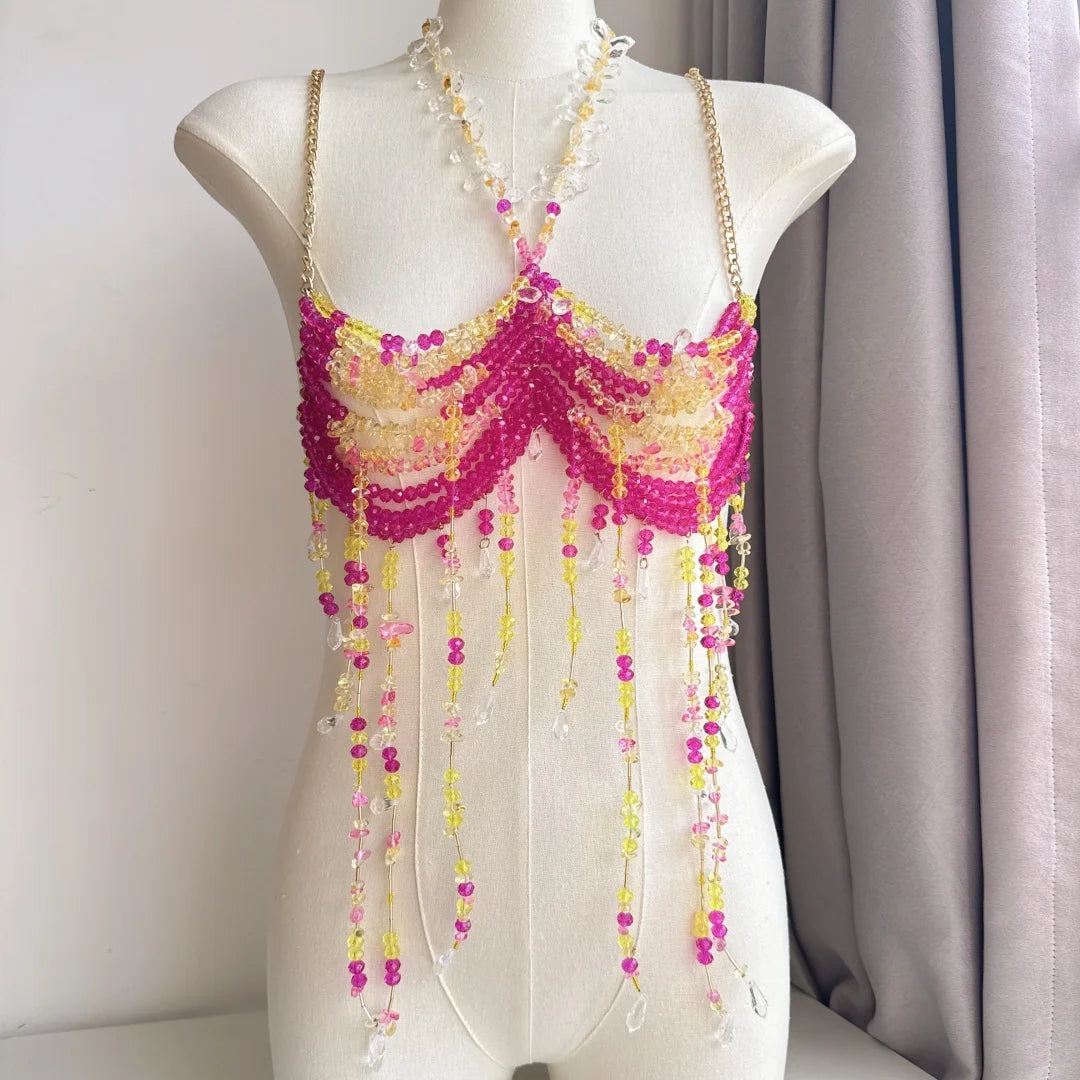 Beaded Tassel Chain Halter Neck Top