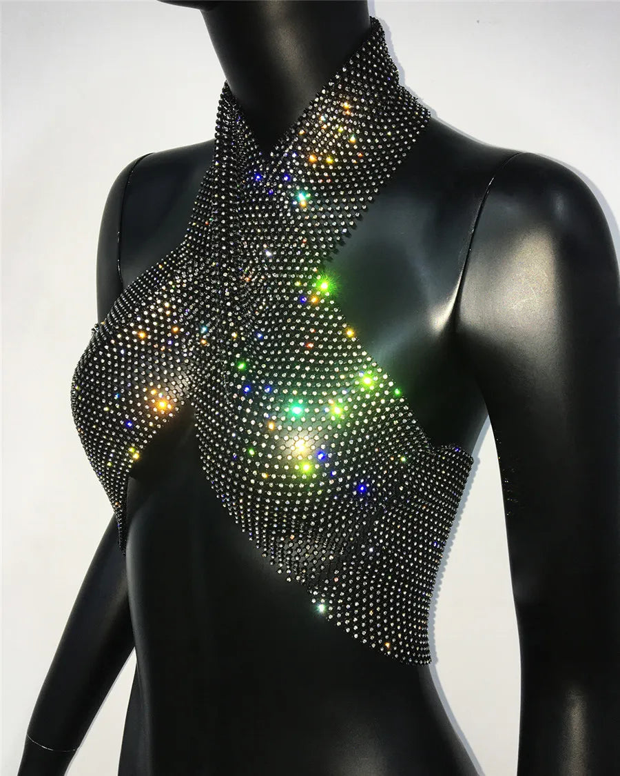 Rhinestone Fishnet Crop Top - Festigal