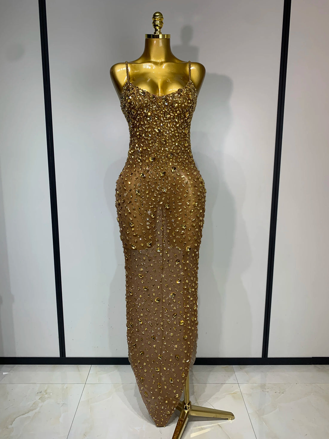 Rhinestone Mesh Maxi Dress