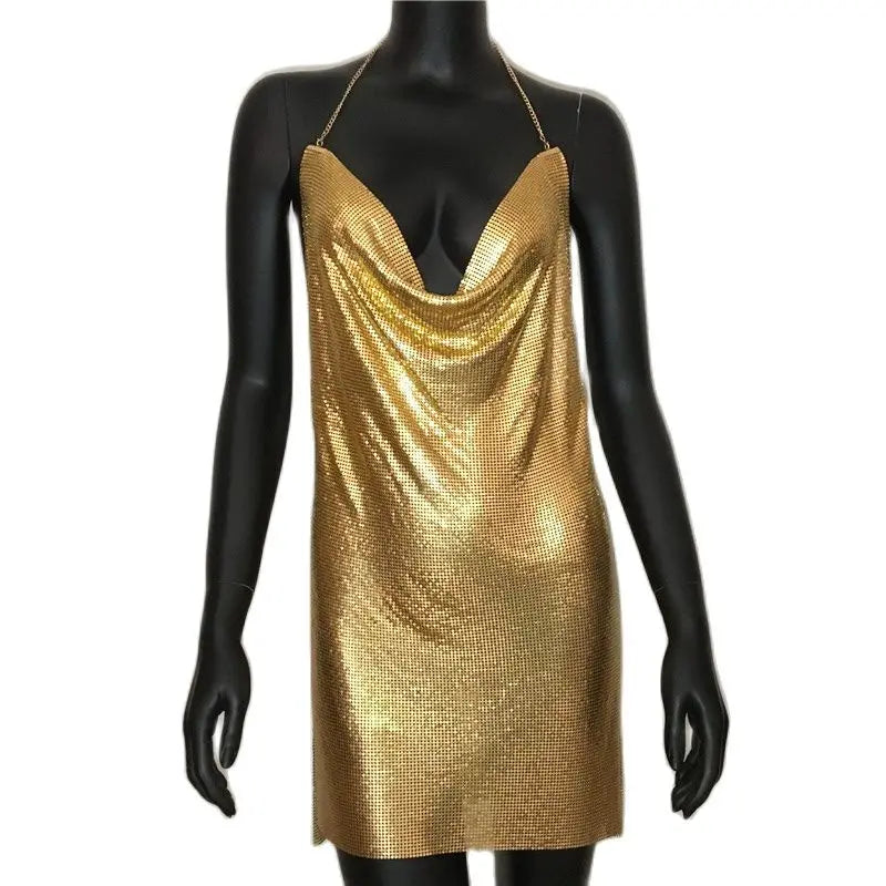 Metallic Backless Mini Dress - Festigal