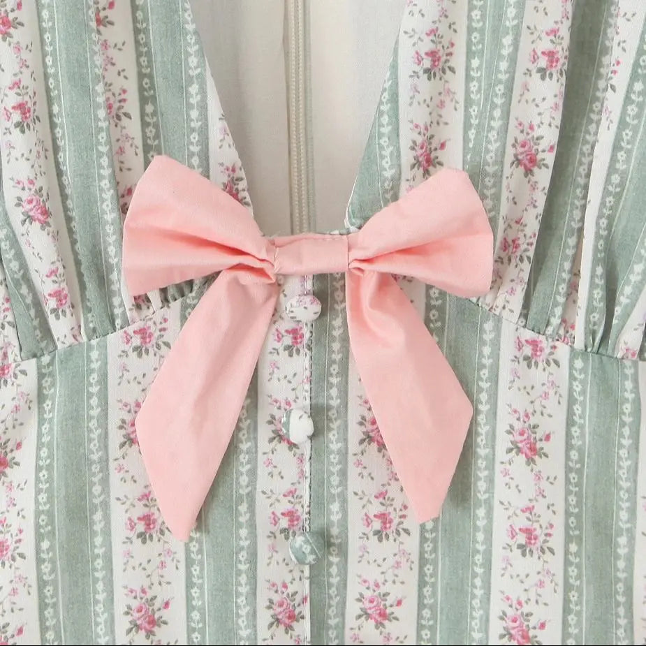 Floral Striped Bow Skater Dress
