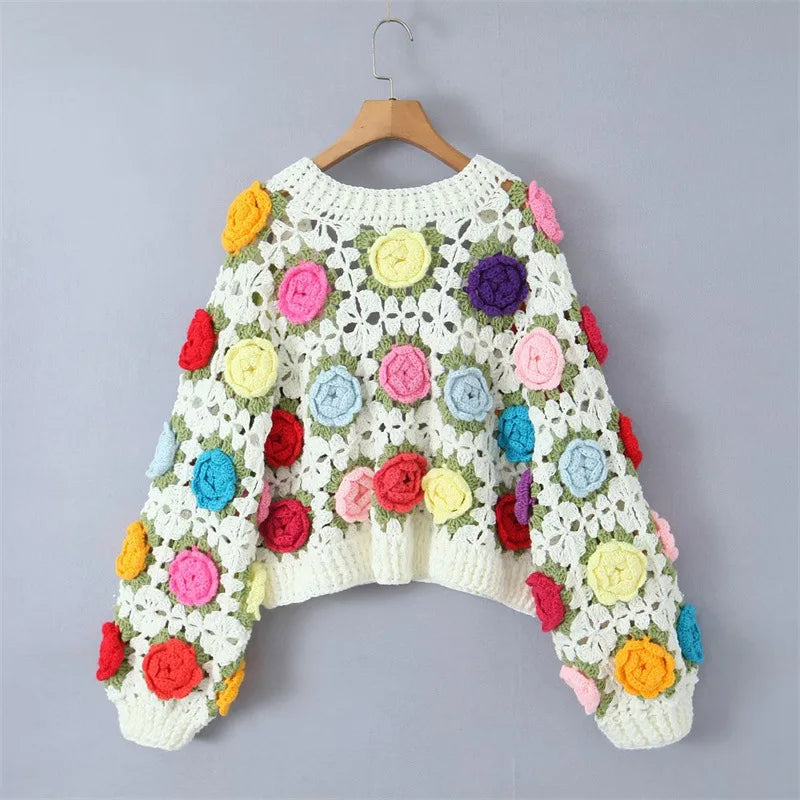 3D Rose Handmade Crochet Cardigan - Festigal
