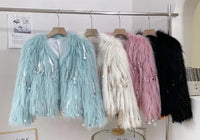 Women's Faux Fur Blue Sequin Tassel Jacket