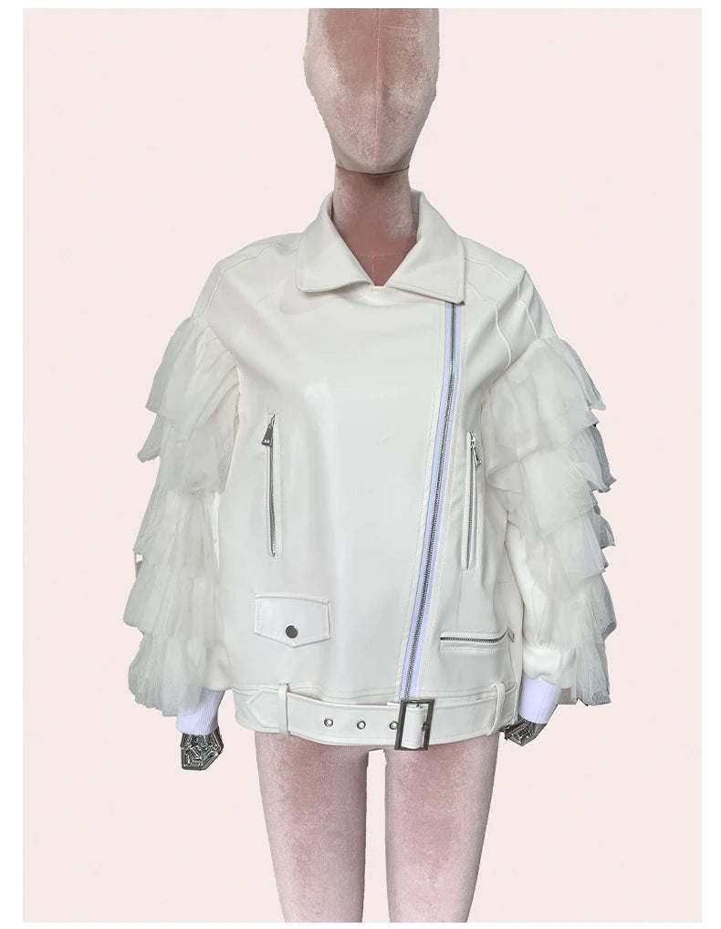 Faux Leather Ruffle Sleeve Jacket - Festigal