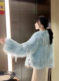 Women's Faux Fur Blue Sequin Tassel Jacket