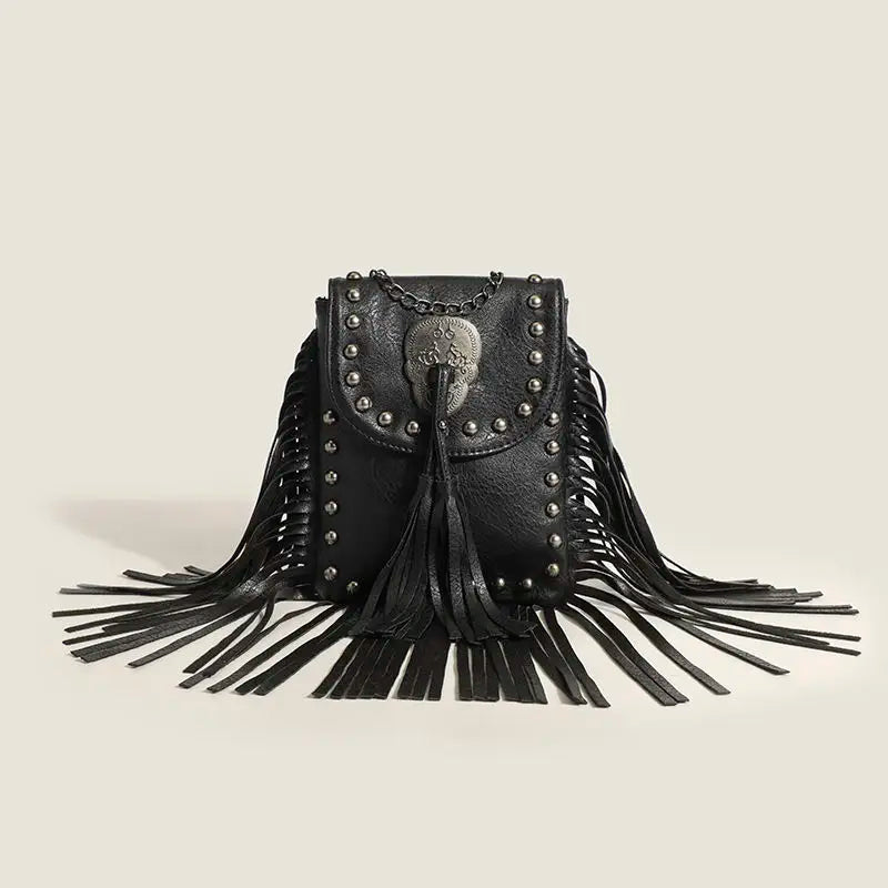 Skull Rivet Tassel Crossbody Bag - Festigal