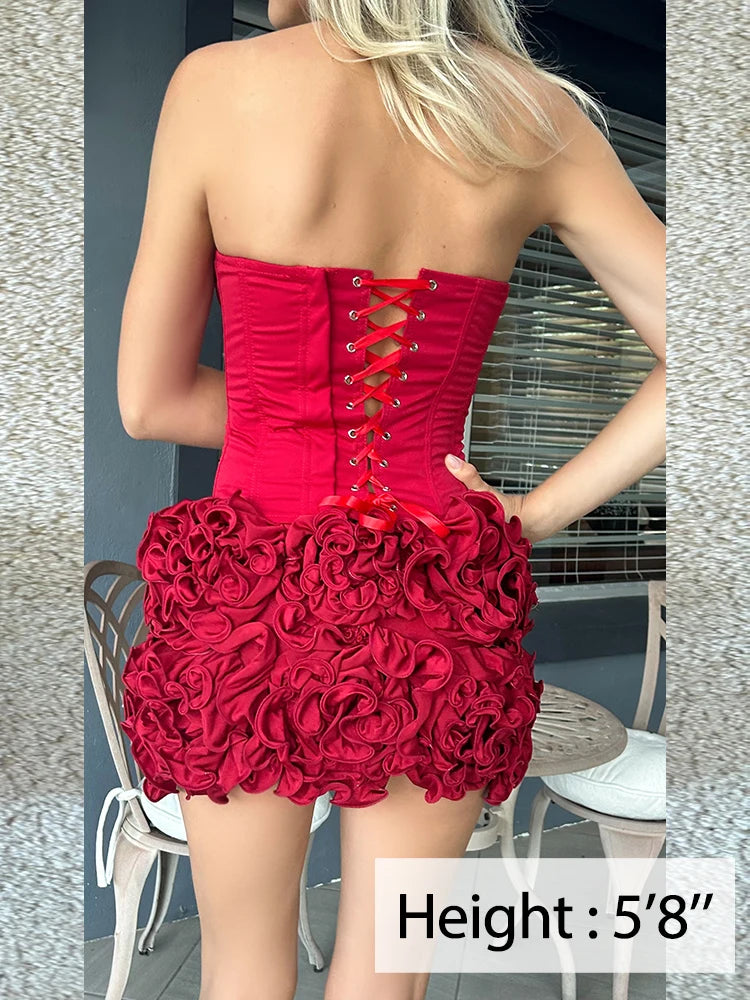 Red Corset & Mini Ruffle Skirt Two Piece Set - Festigal