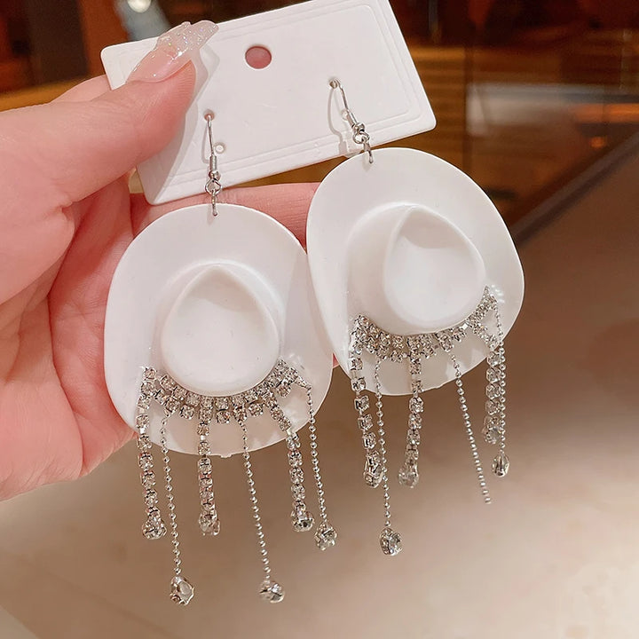Rhinestone Cowgirl Hat Tassel Earrings