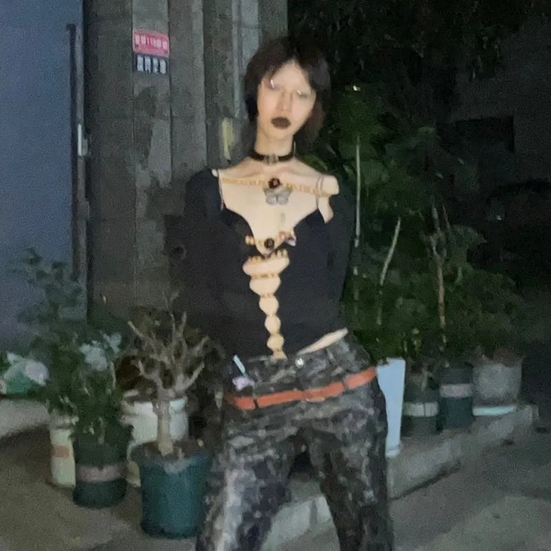 Beaded Hollow Out Long Sleeve Top - Festigal