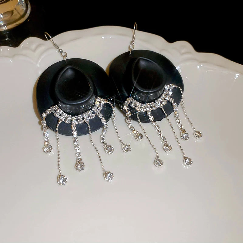 Rhinestone Cowgirl Hat Tassel Earrings