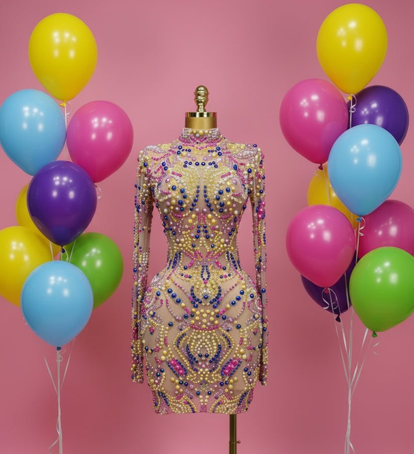 Rainbow Embellished Long Sleeved Dress