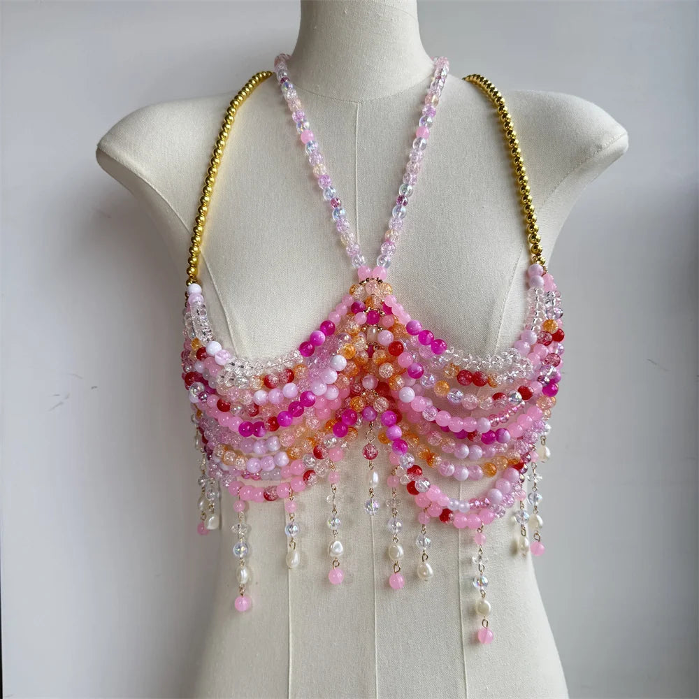 Beaded Tassel Chain Halter Neck Top