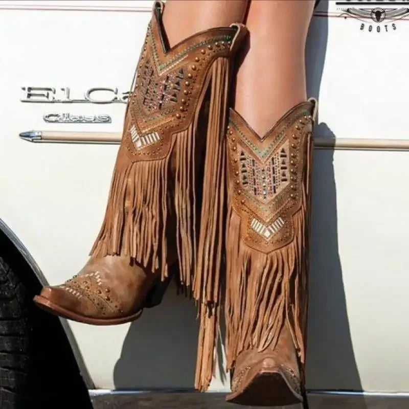 Tassel Embroidered Cowboy Boots - Festigal