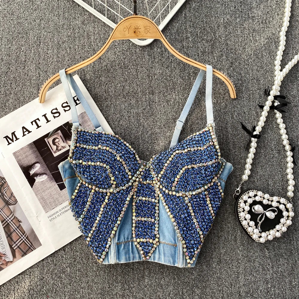 Butterfly Denim Beaded Top - Festigal