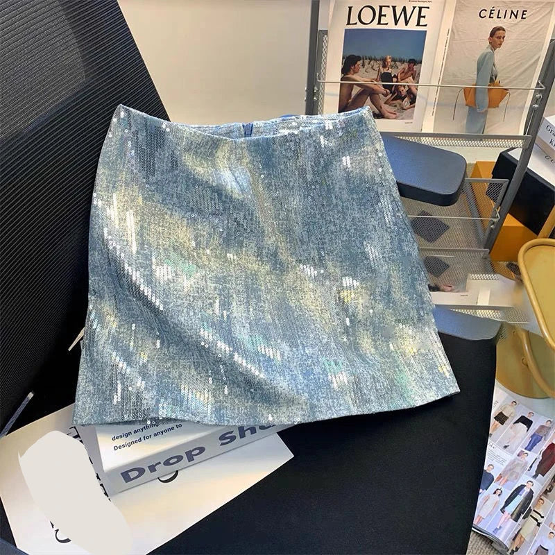 Blue Sequin High Waist Skirt - Festigal