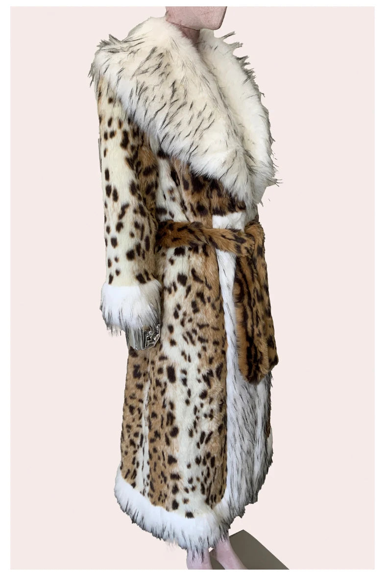 Long Faux Fur Leopard Print Coat - Festigal