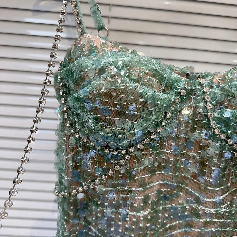 Embellished Green Bustier Dress - Festigal