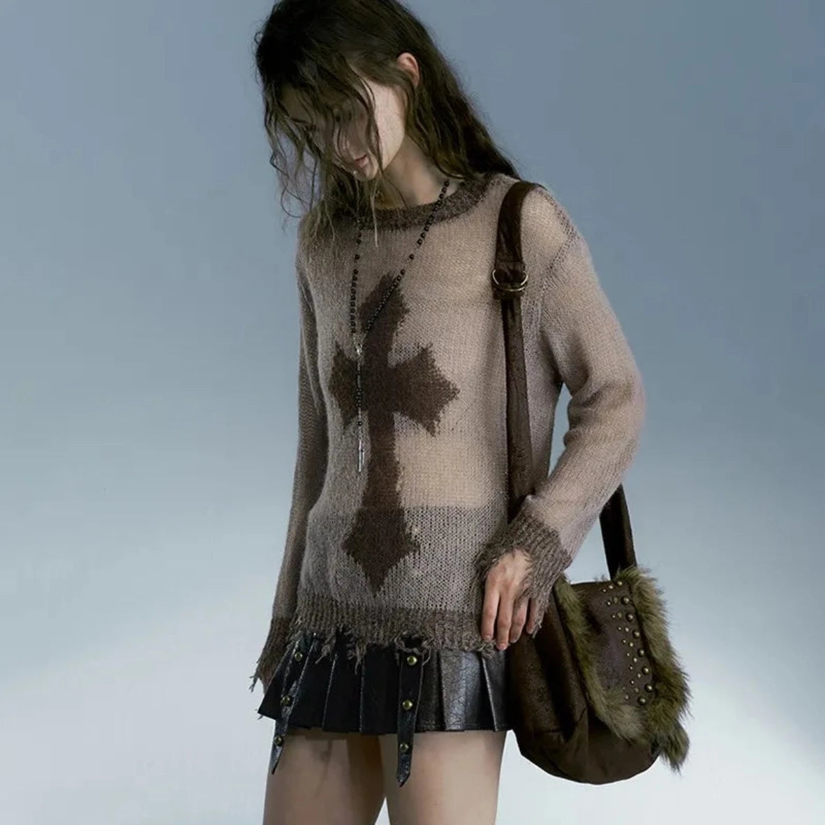 Distressed Grunge Cross Sweater - Festigal