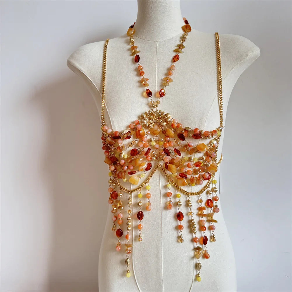 Beaded Tassel Chain Halter Neck Top