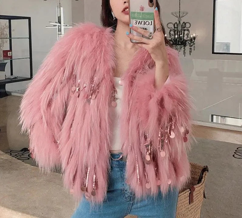 Women's Faux Fur Sequin Tassel Jacket - Festigal
