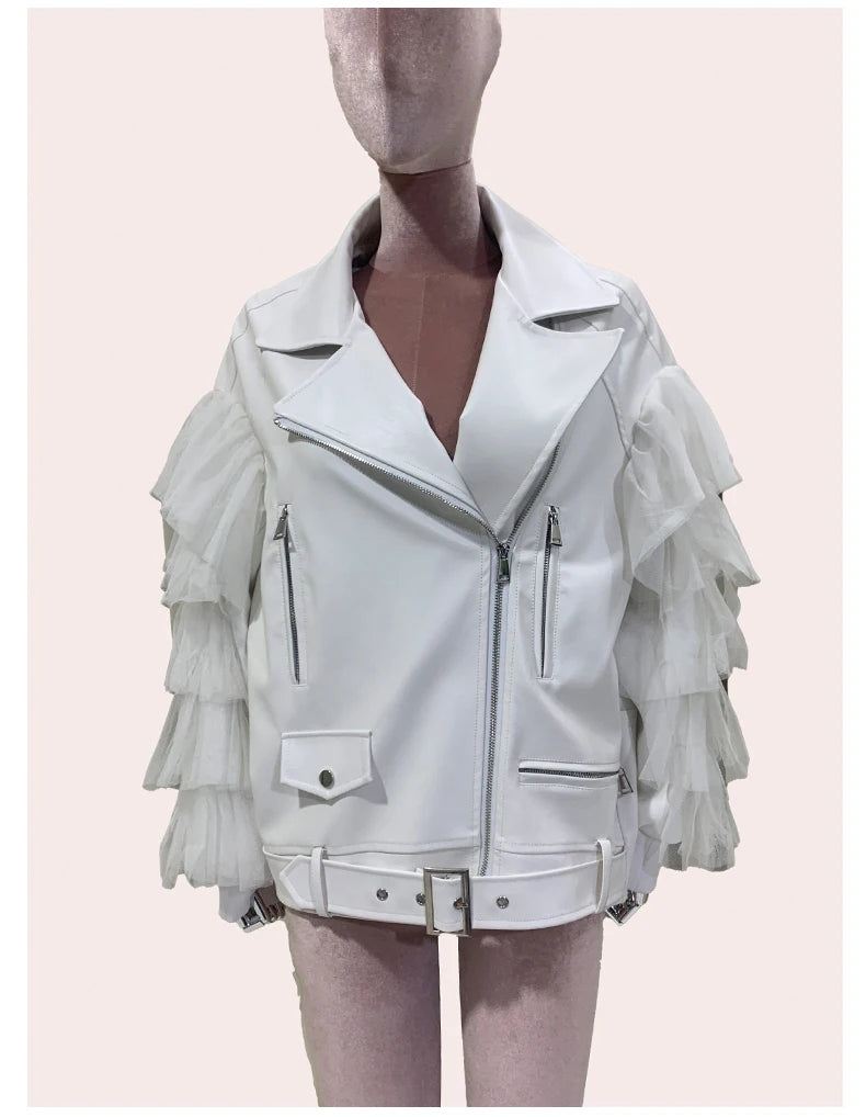 Faux Leather Ruffle Sleeve Jacket - Festigal