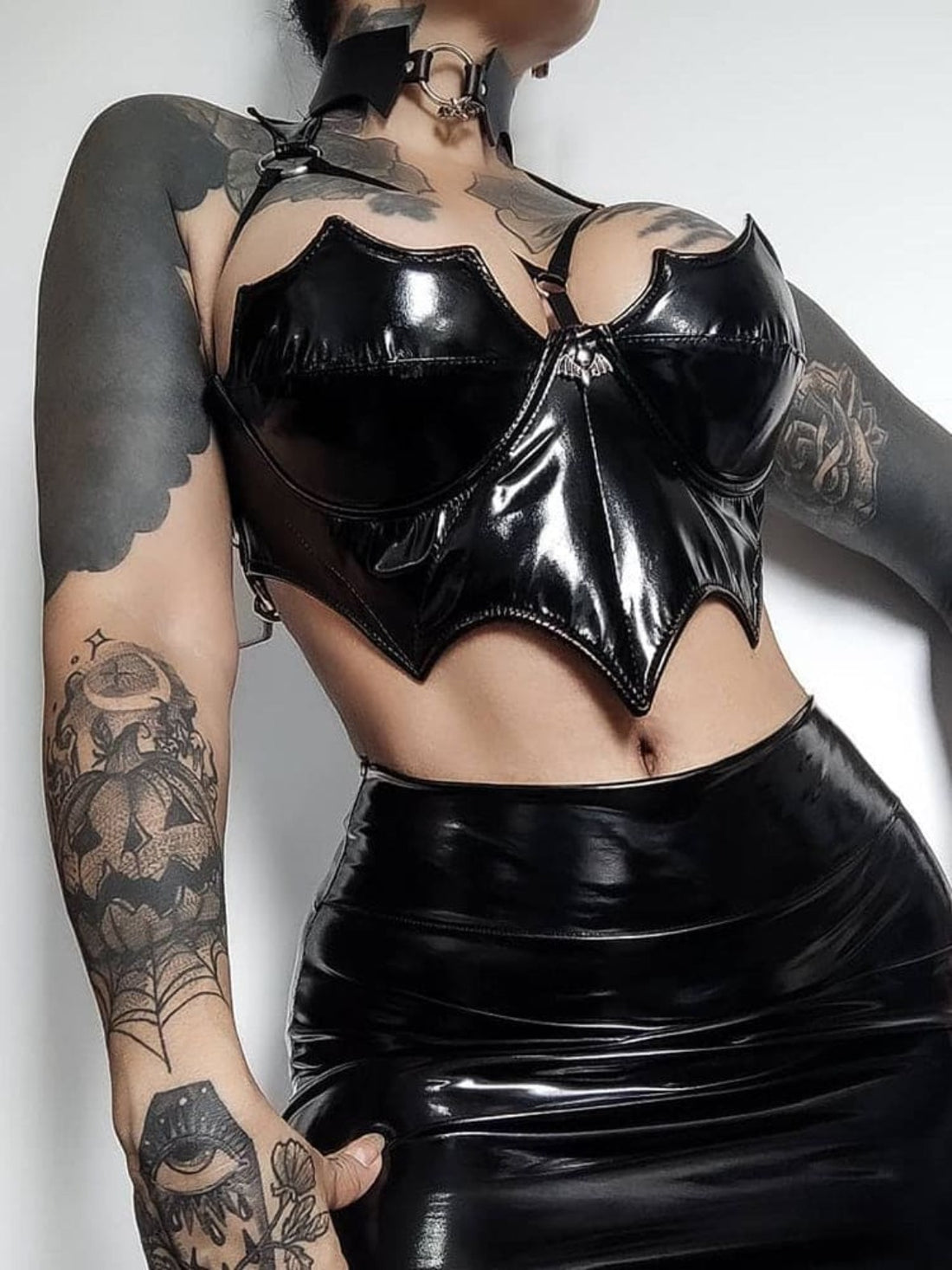 Black Bat Leather Look Crop Top - Festigal