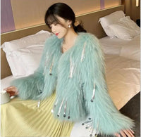 Women's Faux Fur Blue Sequin Tassel Jacket