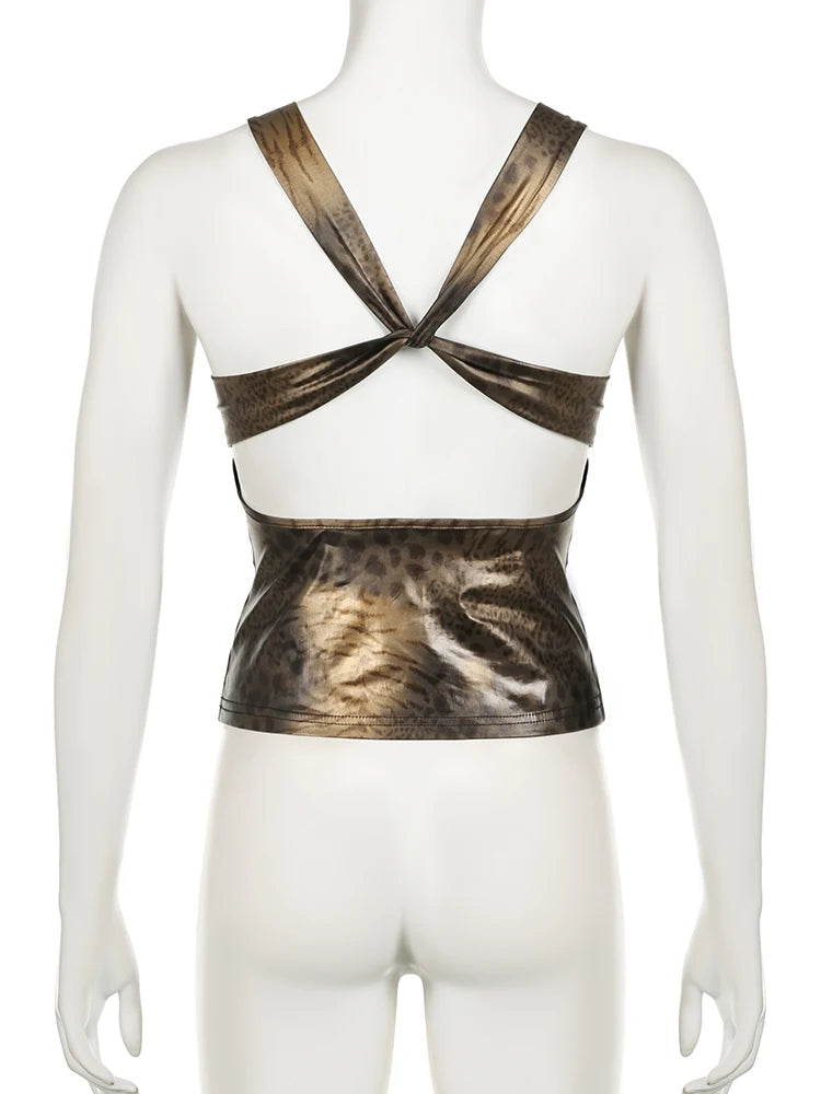 Wet Look Leopard Print Top - Festigal